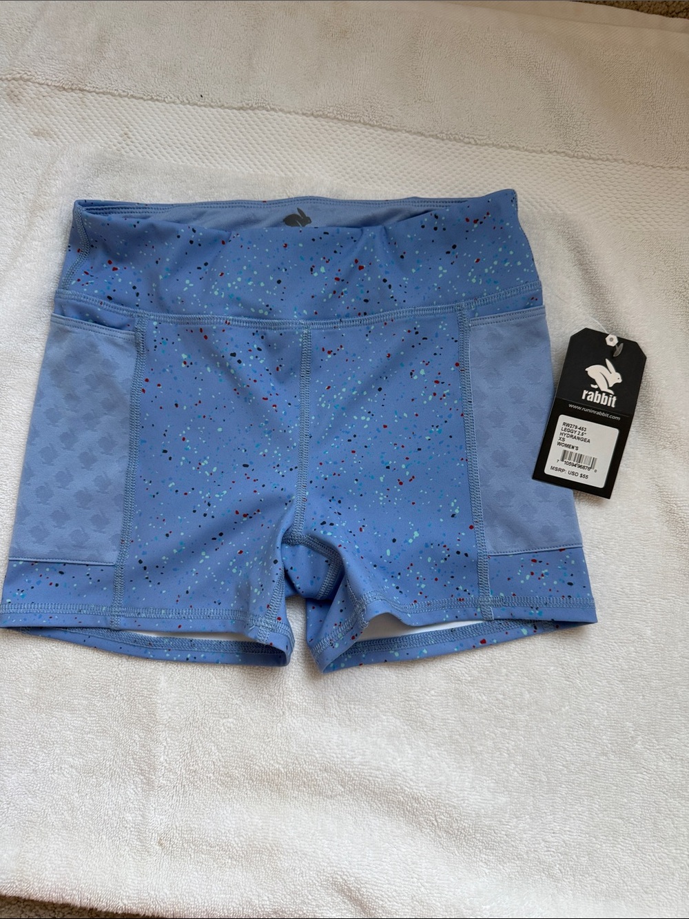 NWT Rabbit Leggy 2.5” Women's Blue Speckled Performance Shorts- Hydrangea